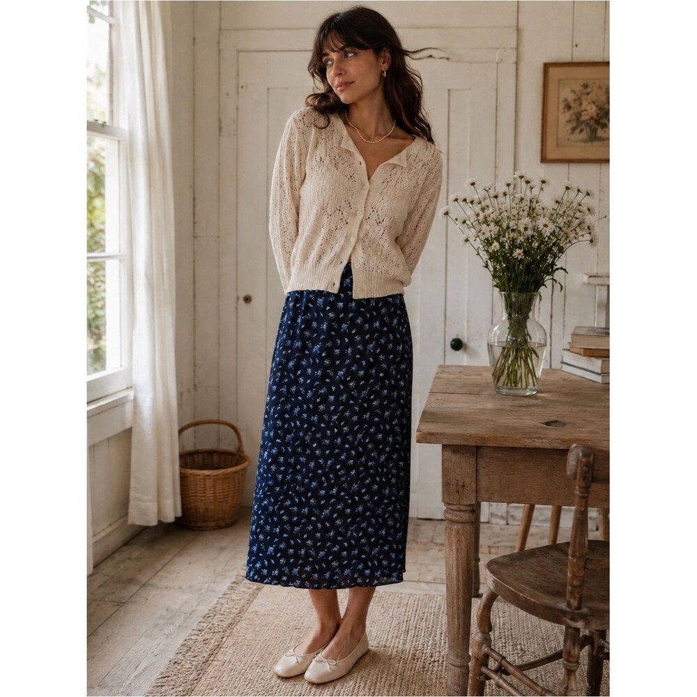Vintage Laura Ashley Silk Navy Blue Ditsy Floral Midi Skirt Cottagecore 90s